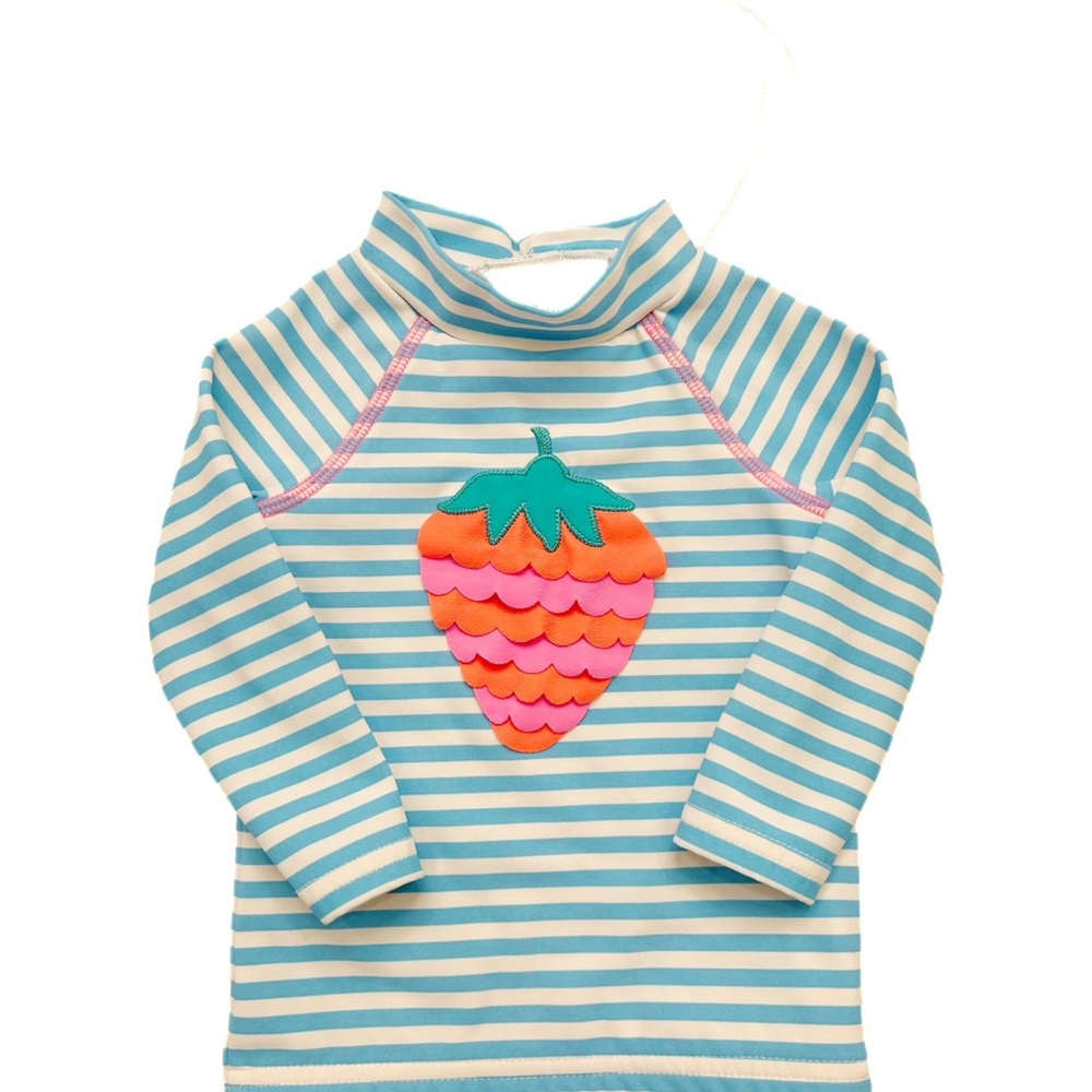 Baby Boden Striped Blue and White Kids Swim Top with Strawberry Design - 3-6 mon